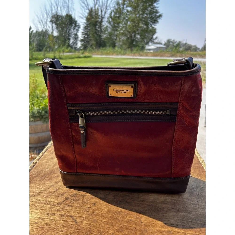 Tignanello Red Brown Genuine Leather Crossbody Shoulder Bag Purse Organiser VTG